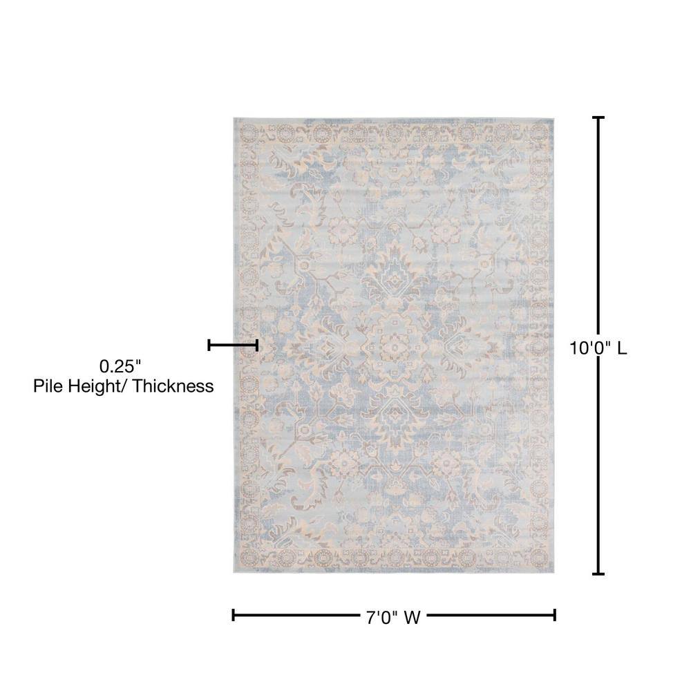 Serene Light Blue Floral Rectangular Easy-Care Rug 7' x 10'