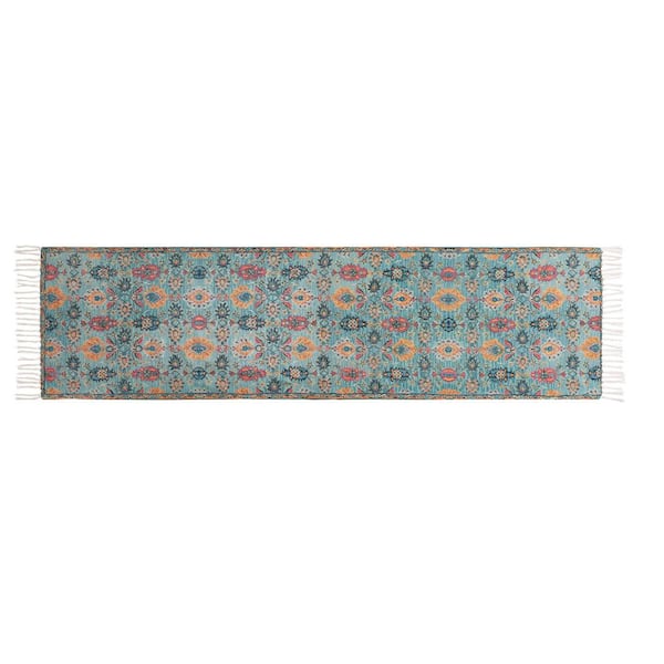 Chinille Fringe Machine Washable Teal 2 ft. x 6 ft. Floral Runner Rug