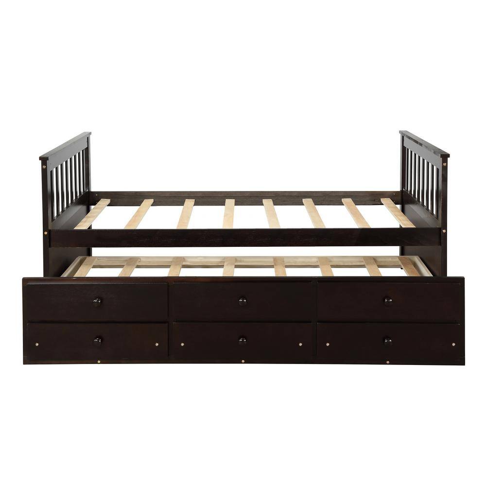 75.9 in. W Espresso Twin Daybed with Trundle Bed and Storage Drawers, Brown