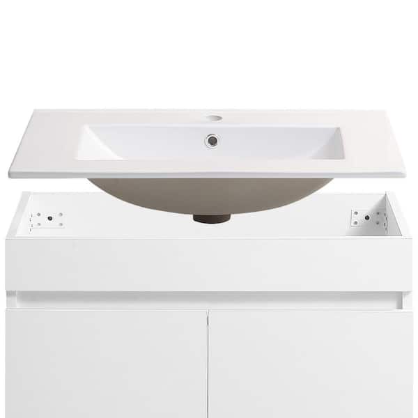 cadeninc 23.62 in. W x 18.3 in. D x 19.68 in. H Wall Mount Bathroom Vanity with Single Sink and White Ceramic Top 2-Doors ,White