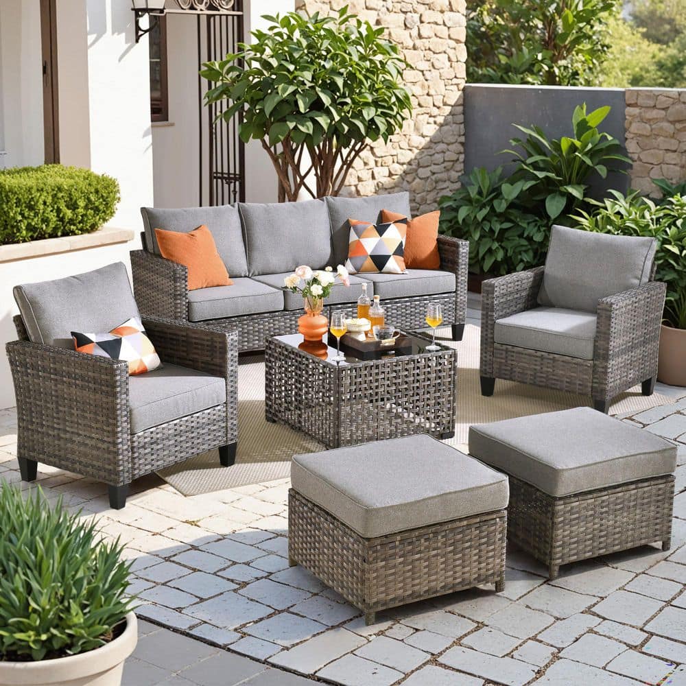 New Vultros Gray 6-Piece Wicker Patio Conversation Set with Dark Gray Cushions and Solar LED Coffee Table price history on PriceWatchPro