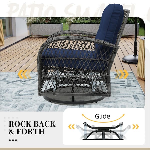 3-Piece Wicker Patio Outdoor Rocking Chair Swivel Chair with Coffee Side Table and Navy Blue Cushions