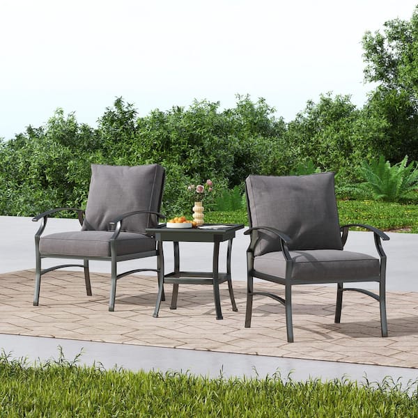 3-Piece Metal Outdoor Armchair Patio Conversation Set with Gray Cushions