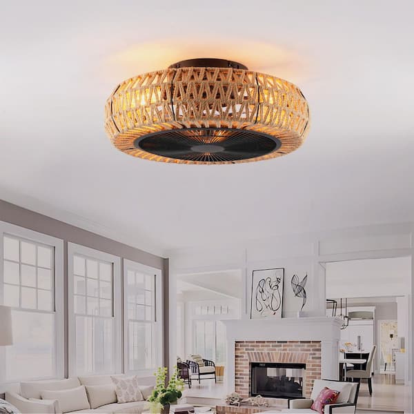 20 in. 4-Light Brown Jute Rope Universal No Include E26 Bulb Low Profile Fandelier Ceiling Fan Light Kit