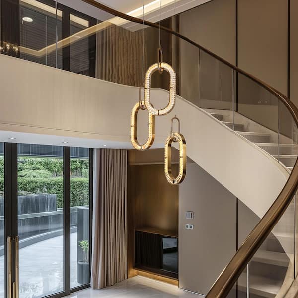 Verbena 3-Light Integrated LED Plated Brass Crystal Oval Ring Chandelier Dimmable Entryway Foyer Staircase Pendant Light