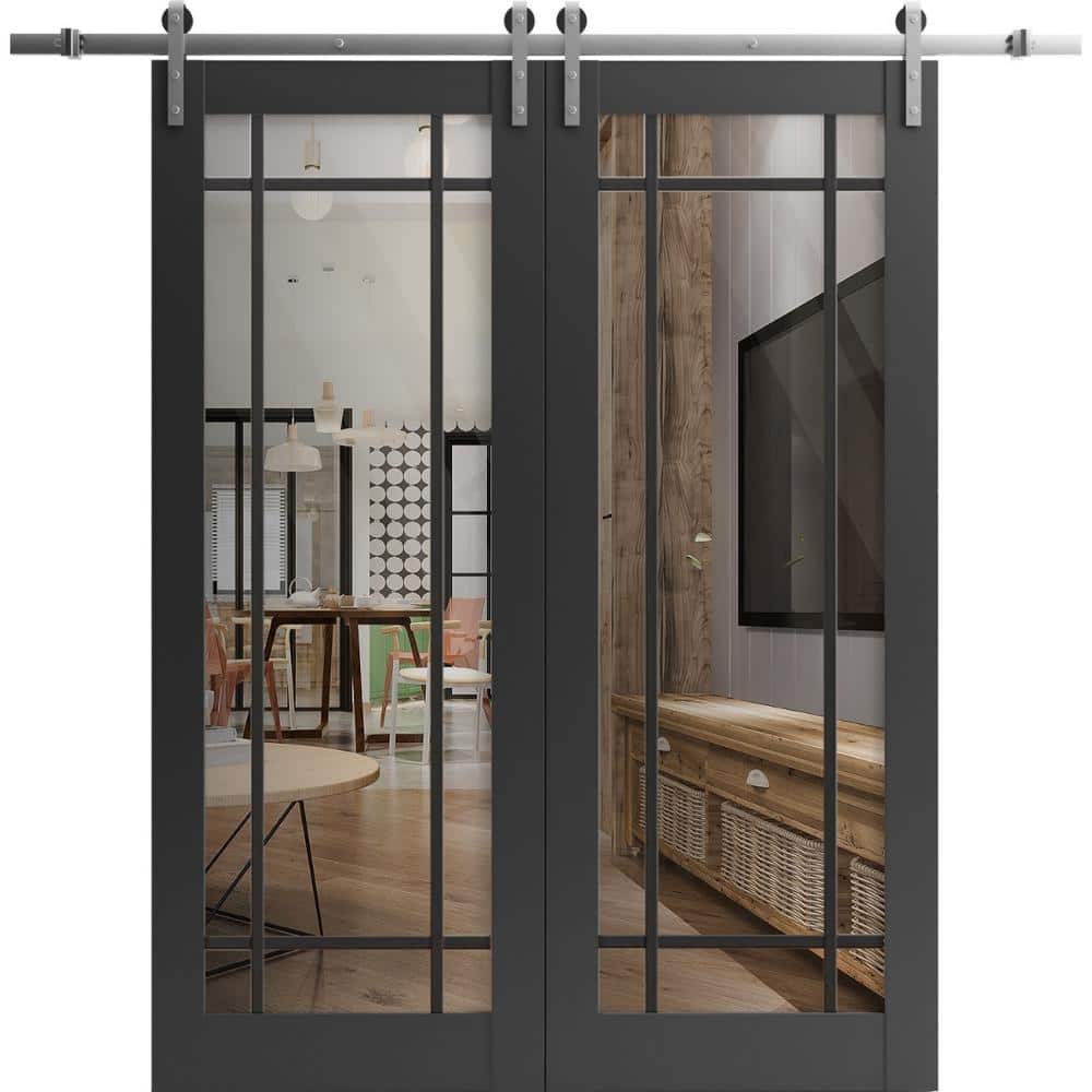 30 in. x 96 in. 2 Panel Clear Glass Black Matte Solid Wood Sliding Barn Door with Hardware Kit price history on PriceWatchPro