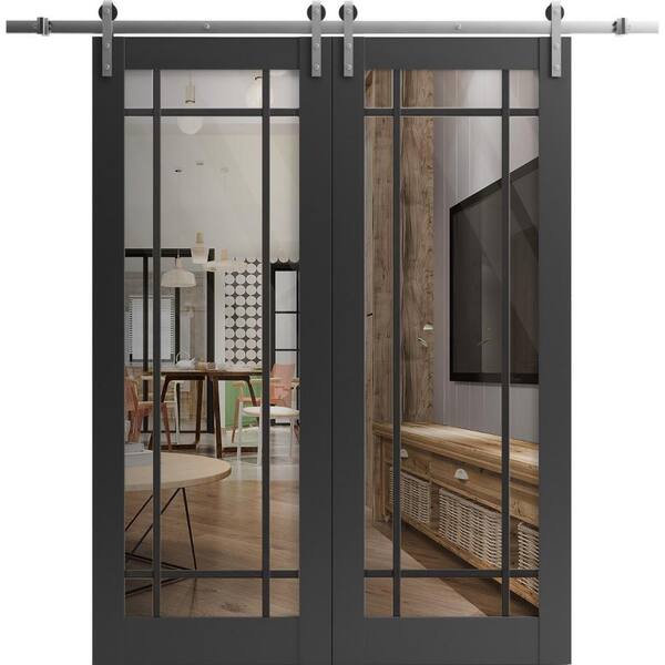42 in. x 84 in. 2 Panel Clear Glass Black Matte Solid Wood Sliding Barn Door with Hardware Kit