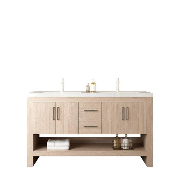 Loiry 60 in. Double Sink Freestanding Light Oak Bath Vanity with White Sintered Stone Top Unassembled