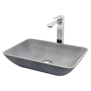 Concreto Stone Rectangular Vessel Bathroom Sink and Vessel Faucet in Chrome