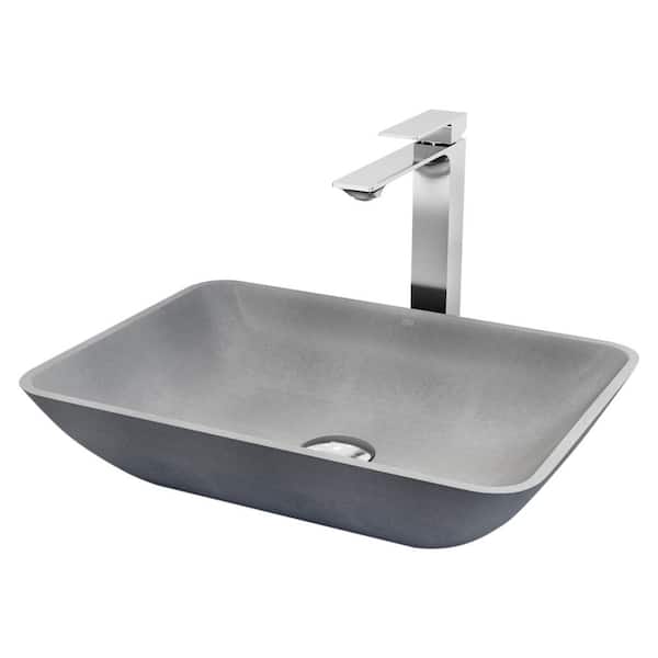 Dunn Gray Concreto Stone Rectangular Vessel Bathroom Sink and Vessel Faucet in Chrome with Pop-Up Drain in Chrome