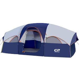 9 ft. x 14 ft. 8-Person Blue Camping Tent with 5-Large Mesh Windows, Double Layer, Divided Curtain and Carry Bag
