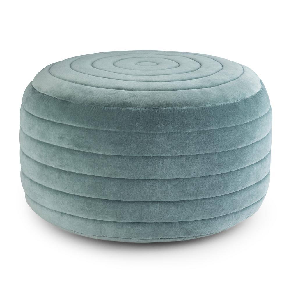 Simpli Home Vivienne Boho Round Pouf in Turquoise Velvet Fabric AXCPF