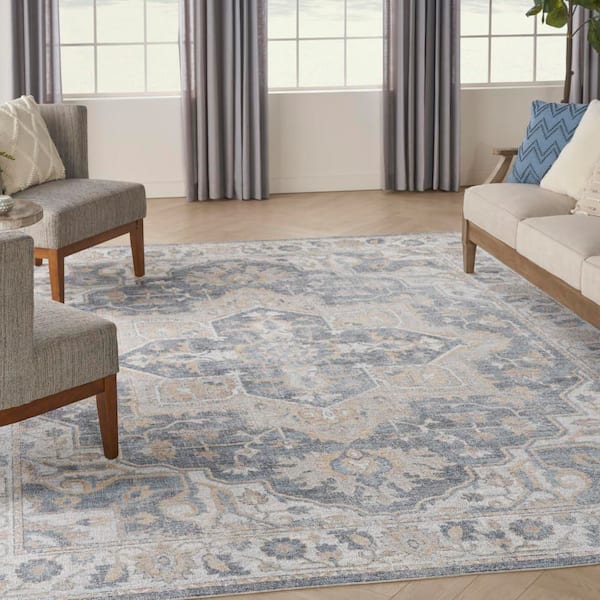 Astra Machine Washable Grey Blue 7 ft. x 10 ft. Distressed Traditional Area Rug