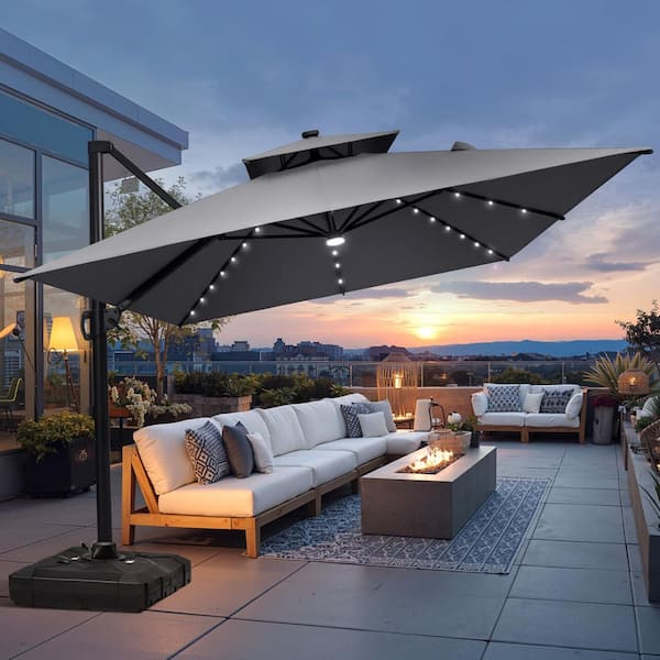2-Tier 13.5 ft. x 10 ft. Rectangular 360° Rotation Solar LED Cantilever Patio Umbrella in Dark Gray and 350 lbs. Base