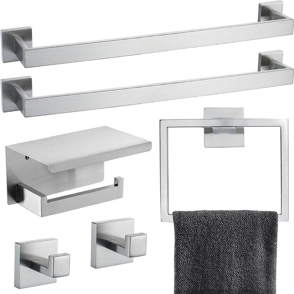6-Piece Wall Mount Stainless Steel Bath Hardware Set w/ 2 Towel Bar, Ring H