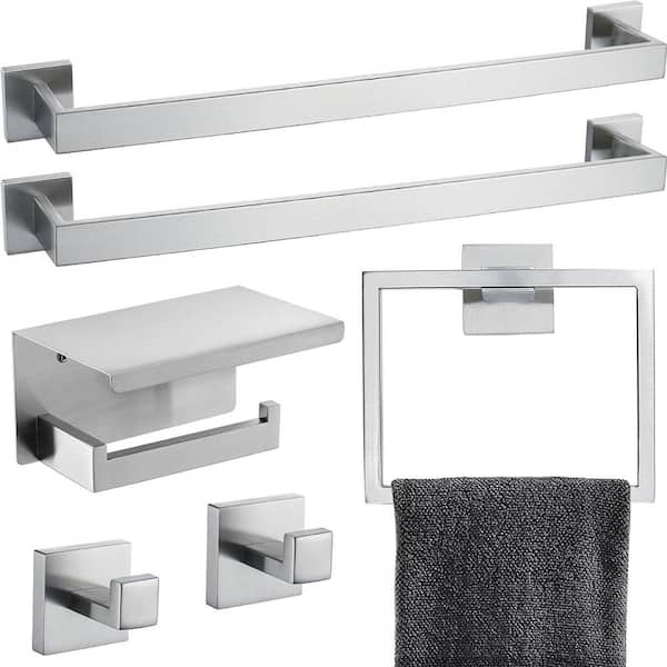 Adrinfly 6-Piece Wall Mount Stainless Steel Bath Hardware Set w/ 2 Towel Bar, Ring Hook and Toilet Paper Holder in Brushed Nickel
