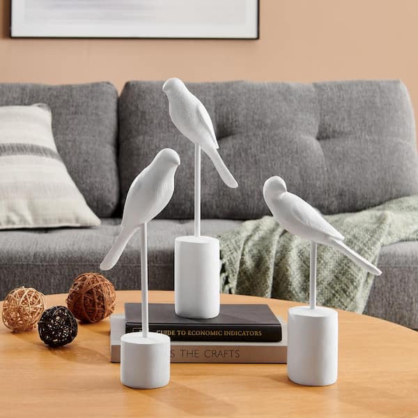 DANYA B Ren Bird Perched White Ornament Decorative Accent Sculpture Figurines-Set of 3