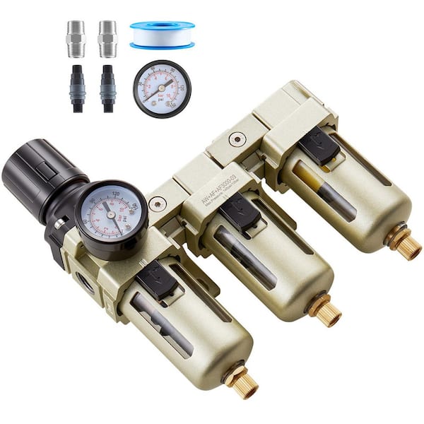 Air Compressor Filter Regulator, 3/8 in. NPT 3-Stage Air Compressor Water Separator with Micron Filter Elements