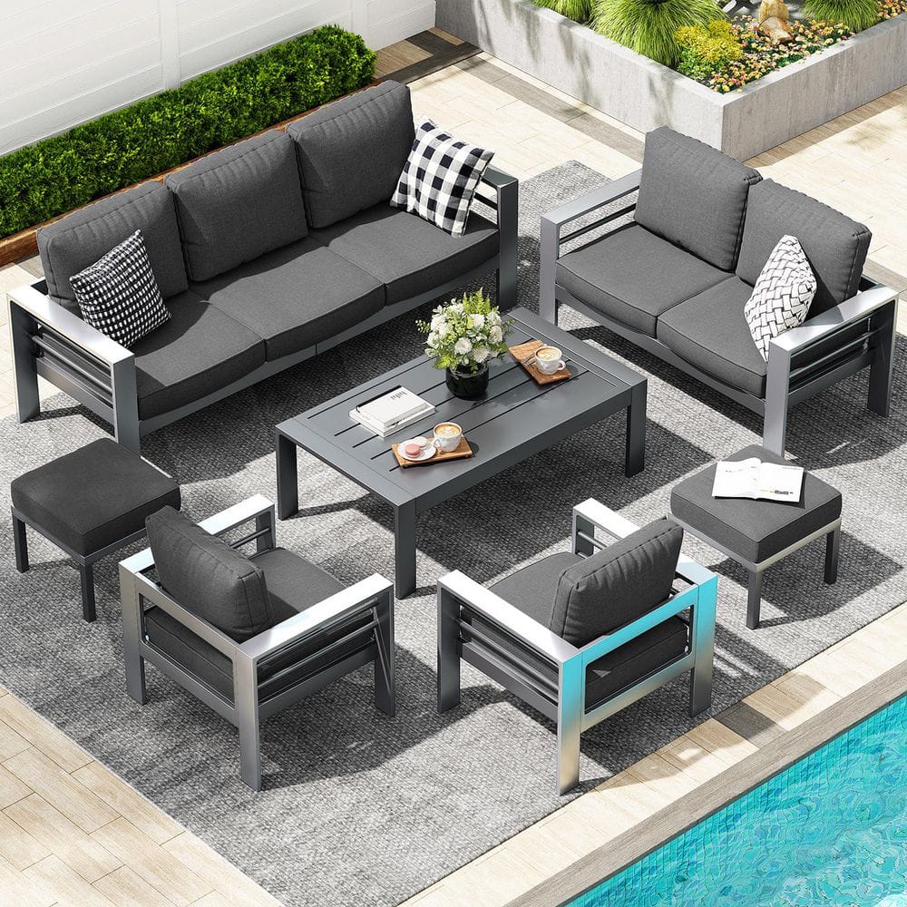 AECOJOY Gray 7-Piece Aluminum Patio Conversation Set with Ottomans
