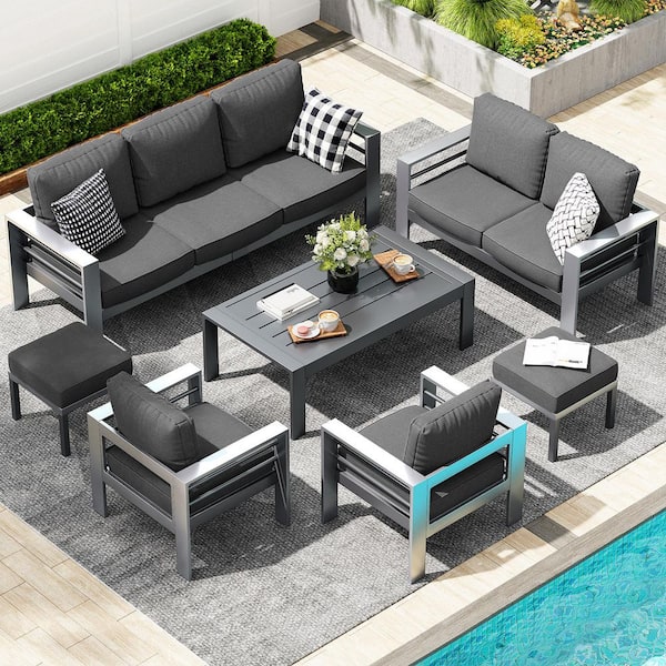 AECOJOY Gray 7-Piece Aluminum Patio Conversation Set with Ottomans and Dark Gray Cushions