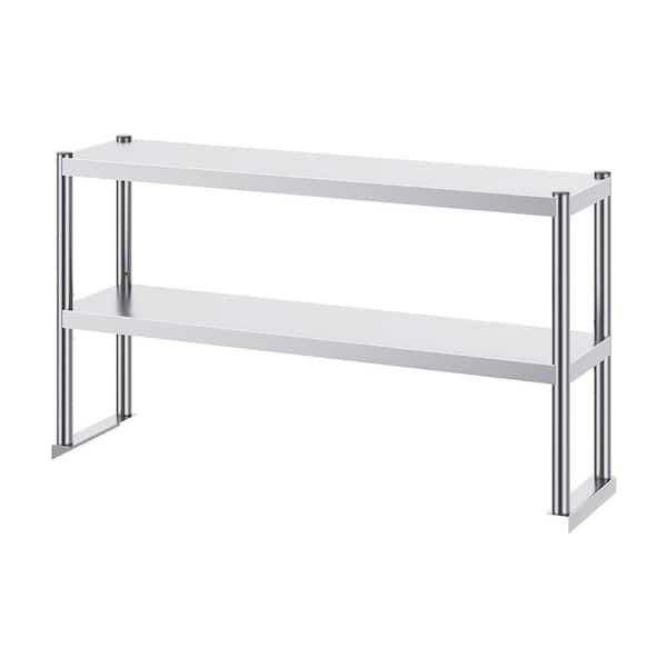SVOPES Double Tier Stainless Steel Over Shelf 12 in. L x 48 in. W, Height Kitchen Prep Table with Adjustable Table, Sliver