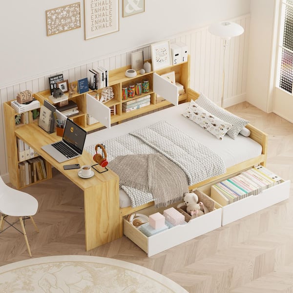 Harper & Bright Designs Natural and White Full Size Wood Daybed with Built-in Desk, Bookshelf, Cabinets and 2-Large Drawers