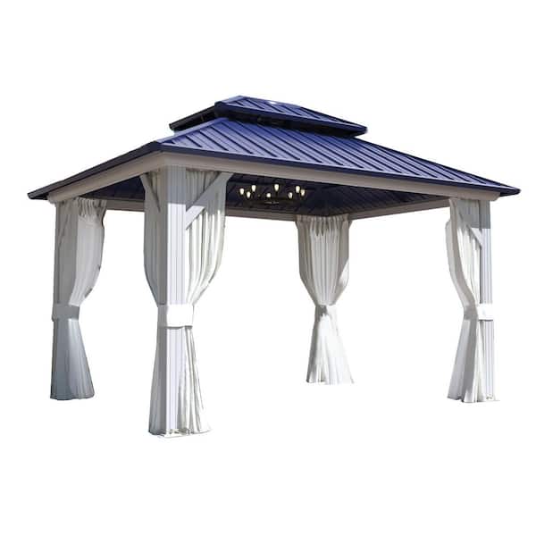 Unbranded 10 ft. x 12 ft. Hardtop Gazebo with Galvanized Steel Roof, Aluminum Frame Outdoor Pergola with Netting & Curtains, Blue