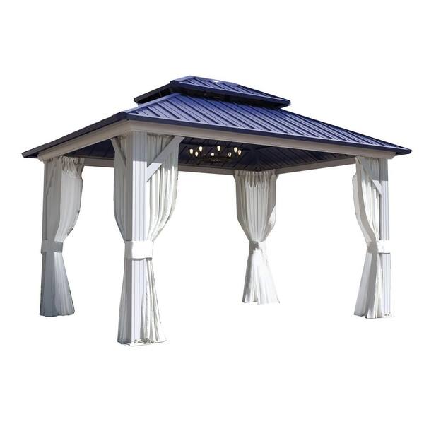HOMMOW 10 ft. x 12 ft. Hardtop Gazebo with Galvanized Steel Roof, Aluminum Frame Outdoor Pergola with Netting & Curtains, Blue