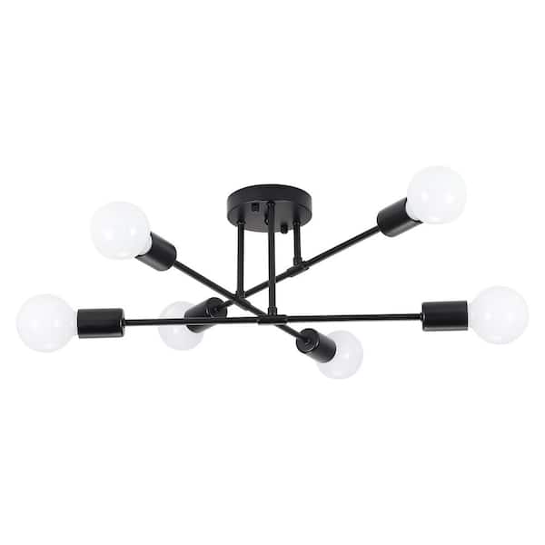 ZJVAIVE 20.66 in. 6-Light Modern Matte Black Semi-Flush Mount for Bedroom Foyer with No Bulbs Included