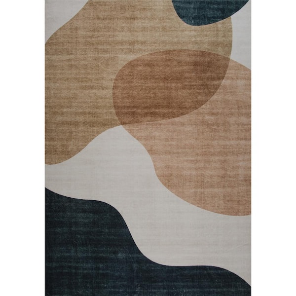 Minimalist Abstract Geometric Cream Green 7 ft. x 10 ft. Indoor Soft Area Rug