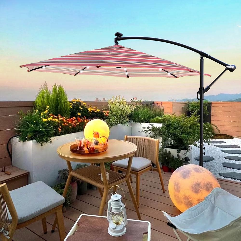 10 ft. Market Steel Solar LED Lighted Outdoor Patio Umbrella in Red Striped
