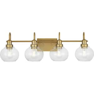 Halyn 31-3/8 in. 4-Light Vintage Brass Industrial Bathroom Vanity Light with Clear Glass Shades