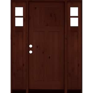 60 in. x 80 in. Alder 3 Panel Right-Hand/Inswing Clear Glass Red Mahogany Stain Wood Prehung Front Door with Sidelites