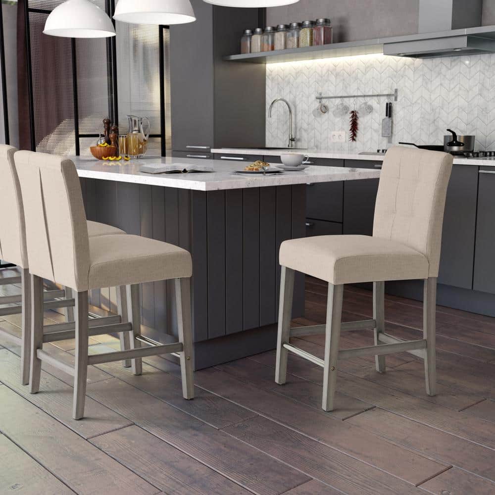 Beige Upholstered Counter Height Bar Stool with Metal Footrest