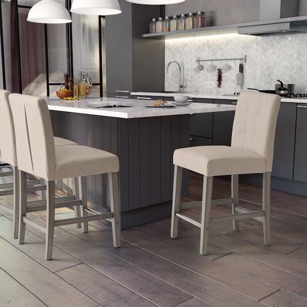 Leila 25 in Beige Full Back Wood Frame Cushioned Counter Height Stool with Fabric Seat