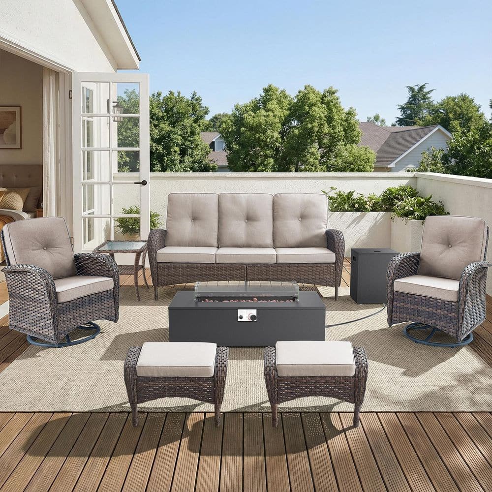 Carlos 7-Piece Wicker Patio Conversation Set with Fire Pit, Outdoor Swivel Furniture Sets with 4 in. Cushions in Beige price history on PriceWatchPro