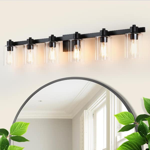 Jushua 52 in. 8-Light Black Iron Frame Bathroom Mirror Vanity