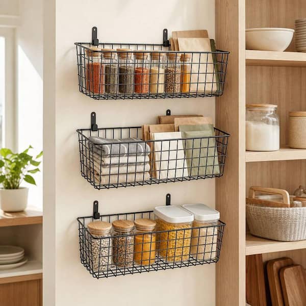 Wudkey 3-Piece Black Hanging Wall Wire Baskets, Farmhouse Food Storage for Kitchen, Pantry and Laundry