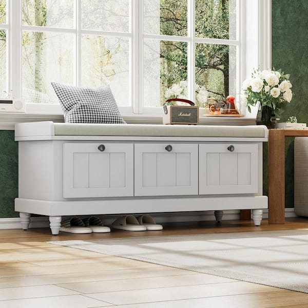 19 in. H x 44 in. W Light Gray Rubber Wood Shoe Storage Bench with Cushion and 3-Drawer for Hallway, Living Room