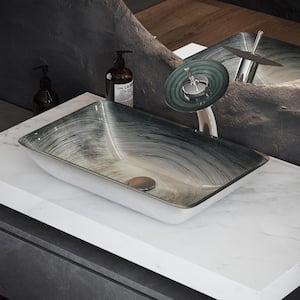 Cascade Glass Rectangular Vessel Sink with Faucet in Smoky Grey