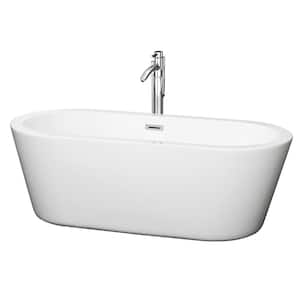 Mermaid 67 in. Acrylic Flatbottom Center Drain Soaking Tub in White with Floor Mounted Faucet in Chrome