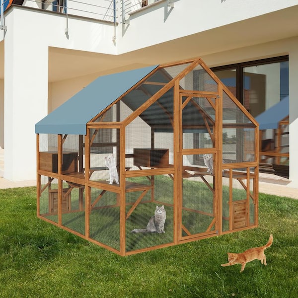FUFU&GAGA 74.4 in. x 82.5 in. x 74 in. Large Wooden Outdoor Cat House, Log Cat Run Enclosure Walk in Cat Catio Kitten Condo