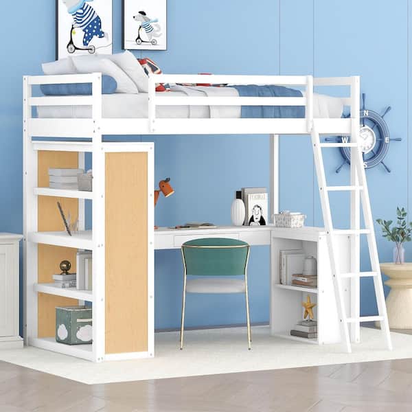 Harper & Bright Designs White Twin Wooden Loft Bed with Shelves, Desk, Drawer and Ladder