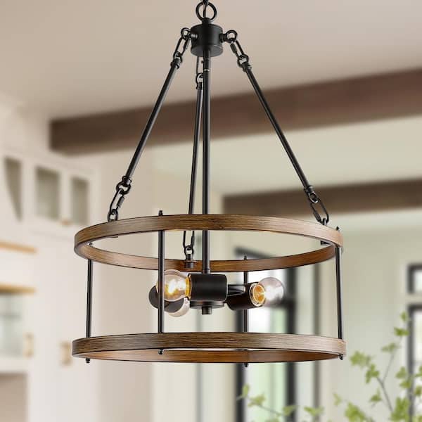LNC Brown Drum Chandelier 3-Light Cage Black Pendant Farmhouse Chandelier for Foyer with Faux Wood Accents