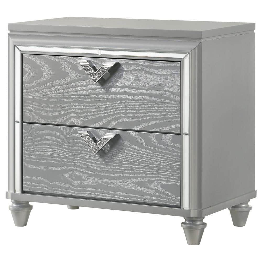 Glam Silver 2-Drawer Nightstand with Jeweled Pulls