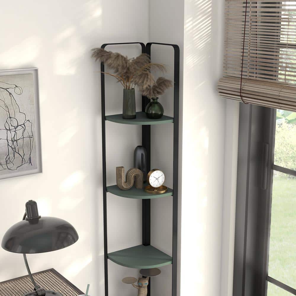 Naija Sage Green 71" Minimalist Corner Bookcase with Black Metal Frame