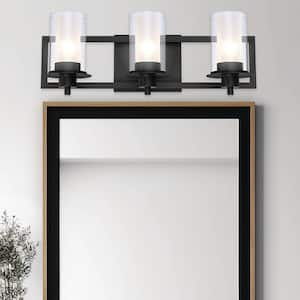 22 in. 3-Light Black Bathroom Vanity Light Fixture with Frosted Inner Glass and Clear Outer Glass