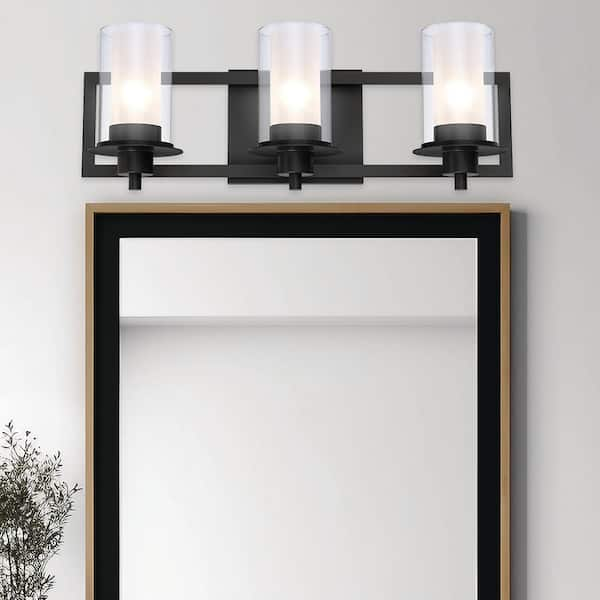 Brighton 22 in. 3-Light Black Bathroom Vanity Light Fixture with Frosted Inner Glass and Clear Outer Glass