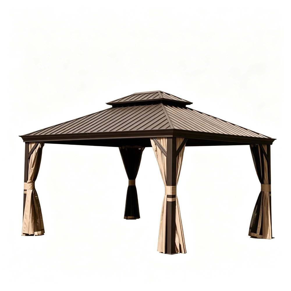 11 ft. x 13 ft. Brown Galvanized Steel Hardtop Outdoor Double Roof Gazebo with Netting and Curtains price history on PriceWatchPro