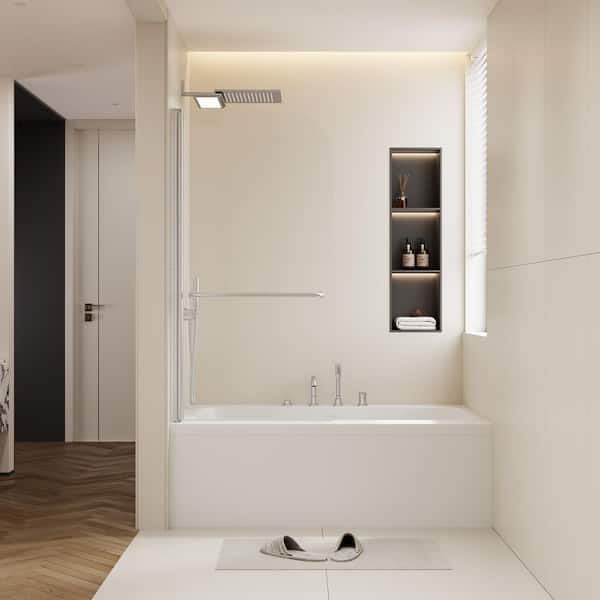30 in. W x 58 in. H Pivot Tub Door in Brushed Nickel with Clear Glass